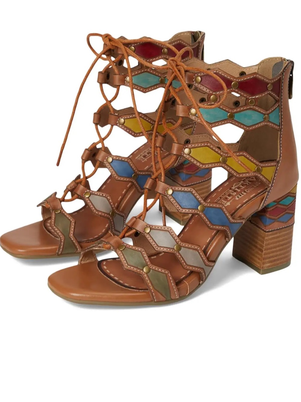 Brown Multi-Color Lace-Up Block Heel Sandals - Women's